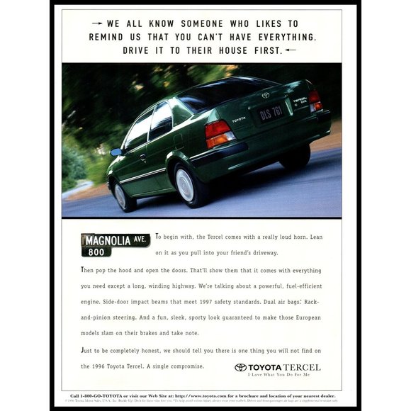 1996 Toyota Tercel 2 Door Coupe Vintage Print Ad Time Lapse Highway Drive Art - Picture 1 of 1